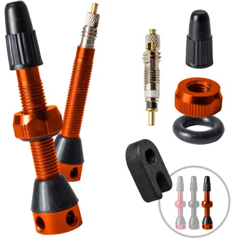 CLASK Kit 2 Válvulas Tubeless MTB 40mm anti-obstrucción con aleación ligera y resistente + Núcleos de válvula fina + Llave extracción obus presta (tapón, tuercas y juntas incluidos) (Naranja)