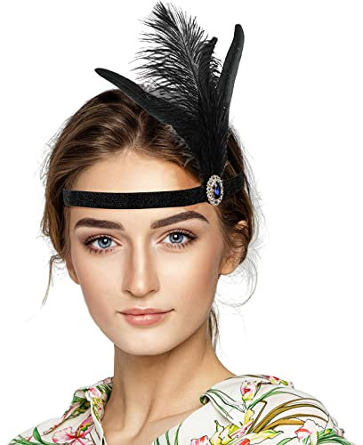 MWOOT 1920er Jahre Flapper Feder Stirnband,Vintage Haarbänder Schwarze Kopfschmuck Stirnbänder für Damen Cocktail Party