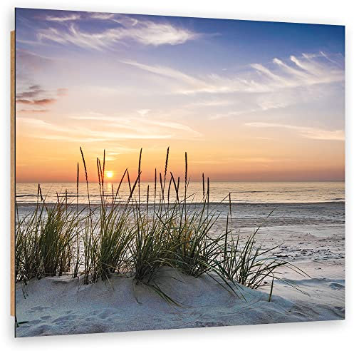 Feeby Wandbild Ostsee Strand Nordsee 50x50 cm Modern Deko Kunst Bilder Dünen Sonnenuntergang Gras Beige