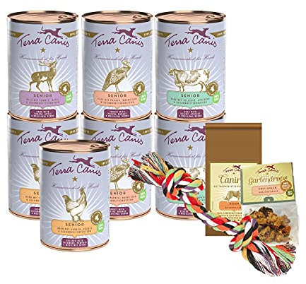 Terra Canis Kennenlernpaket M - Senior, 7x400g, 50g Canireo, 12g Gartendrops & Goodie I Premium Hundefutter in 100% Lebensmittelqualität Aller Rohstoffe I Reichhaltig & gesund I Glutenfrei