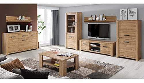 expendio Wohnzimmer Hauke 30 Alteiche 7-teilig Vitrine Lowboard Sideboard 2X Wandregal Wohnzimmerschrank Couchtisch Wohnwand