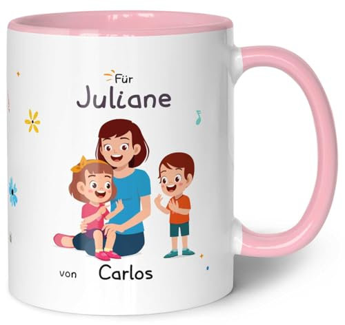 Bedruckte Tasse mit Spruch - Hinter jedem glücklichen Kind - Personalisiert mit Name - Geschenk für Erzieher Lehrer zum Kindergarten Grundschule Abschied - Farbe: Rosa