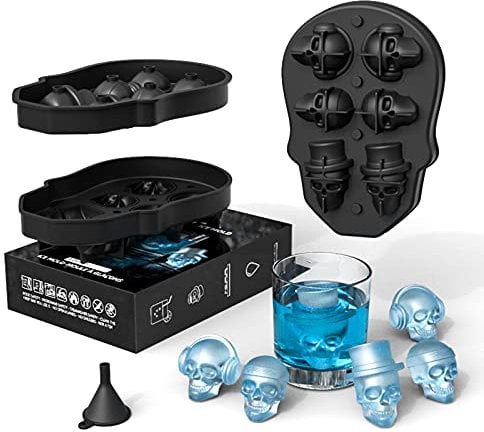 RoseFlower 3D Silicone Skull Ice Cube Mold - Ice Cube Trays, Chocolate Moulds, Candy, Jelly, Biscuit, Mousse Cake Mould for Halloween Party (1 * 6 Skull Cubes)
