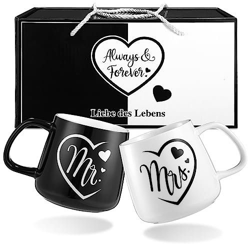 LIHAO Mr und Mrs Tassen Partnertassen Brautpaar Hochzeit Verlobung Kaffeebecher Tasse Hochzeitstag Geschenke Hochzeitsbecher 2 Stück