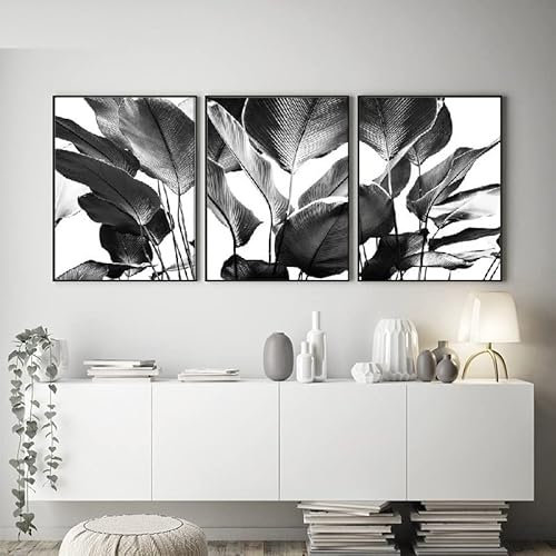 Art mural noir et blanc feuilles de bananier Toile tableau peinture feuilles de palmier tropicales affiches nordique Murale Tableaux pour salon 40x60cmx3 sans cadre