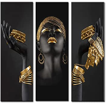 HEHGVCF Leinwand Schwarz Gold Frau Bilder, Poster, Kunstdrucke Gold, Modern Wandbilder Wohnzimmer Wanddeko Bilder Rahmenlos (Frau,60x120cm)