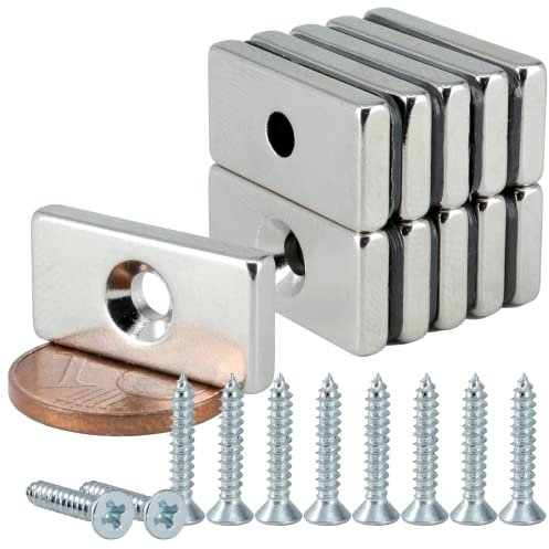 [10 Stück] Neodym Magnet mit Bohrung und Senkung 20x10x3mm - 3KG Stark Quader - Magnetquader mit Loch - Mit Senkkopfschrauben - M3 Senkloch zum anschrauben