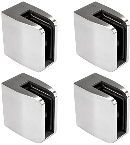 PRIOstahl Glashalter 4 Stück Glasklemme Klemmhalter Glashalter mit Sicherungsplatte + Sicherungsstift 52 x 52 x 32 mm Anschluss: Flach für Glas 10,76 mm aus Edelstahl V2A