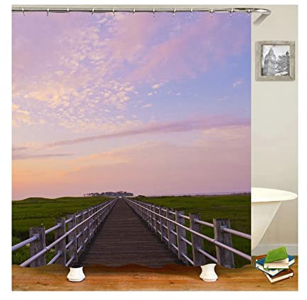Mesnt Textil Duschvorhang 180x180, Polyester Holzbrücke und Sonnenuntergang Polyester Stoff Bad Vorhäng für Badezimmer, Bunt