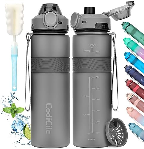 Gourde 1l, sans BPA Bouteille d'eau plastique, grande étanche gourde sport 1 litre idéale pour Gym, School, Office and Travel (Gris foncé)