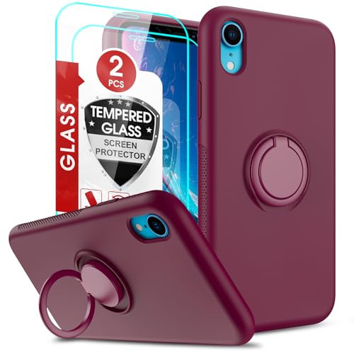 LeYi Silicone Case for iPhone XR 6.1 with 2 Tempered Glass Screen Protectors Ring Holder Liquid Soft TPU Shockproof Back Phone Cover for iPhone XR Red