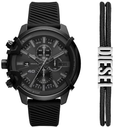 Diesel Orologio da Uomo Griffed, Movimento Cronografo, Acciaio Inossidabile, Cassa 48 mm, Cinturino in Silicone o Pelle, Nero