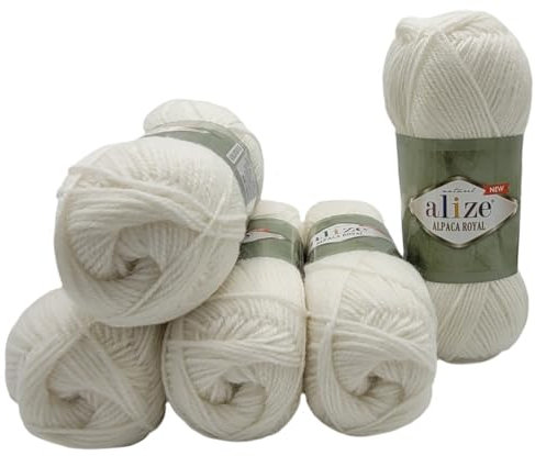 5 x 100 Gramm ilkadim Export Alpaka Royal Strickwolle, 500 Gramm Strickgarn einfarbig mit 15% Alpakawolle (weiss 55)