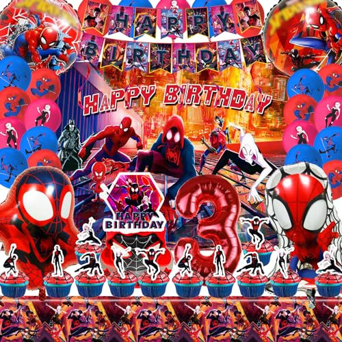 Spiderma Kindergeburtstag Deko 3 Jahre, Spiderma Geburtstagsdeko Jungen Set, Spider Luftballon 3. Geburtstag Deko Mit riesigen 3D-Spiderma-Heldenballons, Cartoon-Hintergrundstoff und Zahlenballons