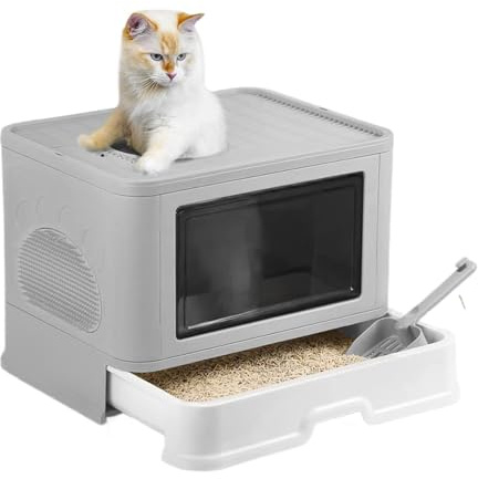 MUL-BOUTIQUE Bac Litière Fermé pour Chat, Maison de Toilette Avec Plaque de Tiroir et Pelle, Convient Aux Grands Chats et Chatons (Gris, 51 * 41 * 38cm)