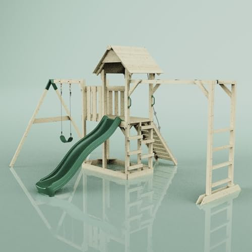 Rebo Klettergerüst aus Holz mit Wellenrutsche | Outdoor Spielturm mit Kinderschaukel, Hangelstangen, Plattform und Kletterseil