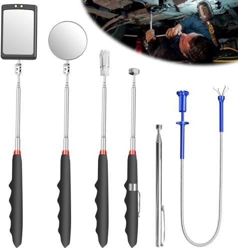 6 Stück Versenkbar Inspektionsspiegel Kit, Teleskopspiegel Pick up tool Set Teleskop Magnet Werkzeug mit LED Lampe, Quadratisch Runder Inspektionsspiegel Teleskopgriff 360 Drehbar Krallengreifer