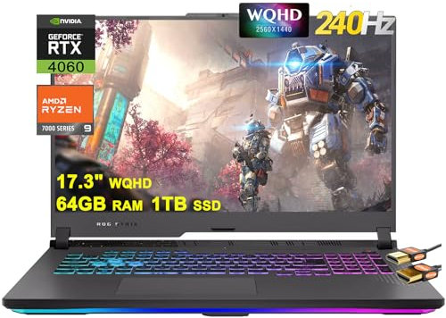 Asus ROG Strix G17 G713 Gaming Laptop 17.3 WQHD IPS 240Hz AMD 12-Core Ryzen 9 7845HX (Beat i9-12900H) 64GB DDR5 1TB SSD GeForce RTX 4060 8GB USB-C RGB Retroilluminato Ricarica Veloce Win11 Nero +