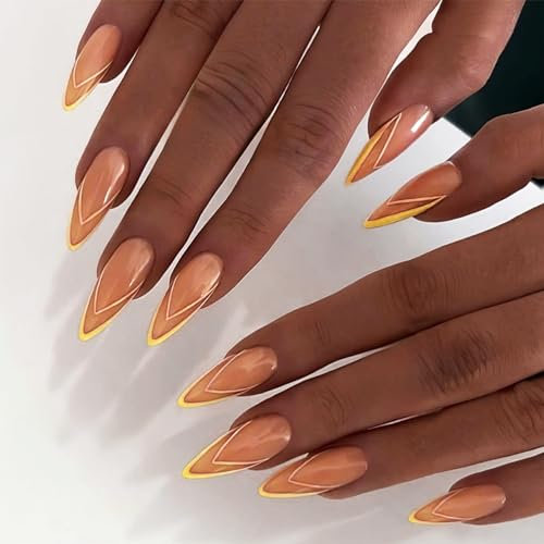 NICENEEDED 24 PCS Long Almond Press on Nails, Yellow French Tip, Glossy Full Cover Stick on False Nails for Women Nail Decoration Halloween