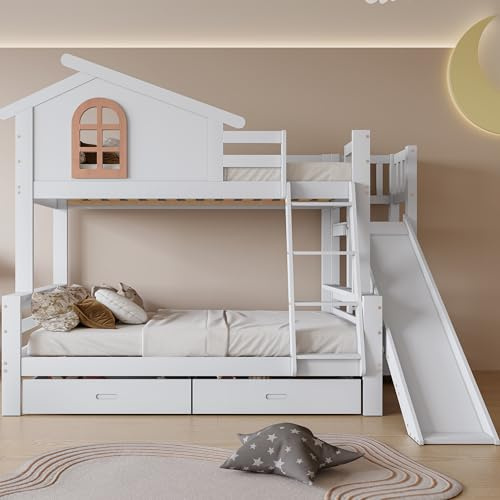 KUAKE Hochbett 90x200cm mit Rutsche, Hausbett Etagenbett mit Fenstern und treppe, Kinderbett mit Zwei Schubladen, Bettrahmen aus Massivholz, Weiß (90x200cm & 120x200cm, Schublade + Rutsche)