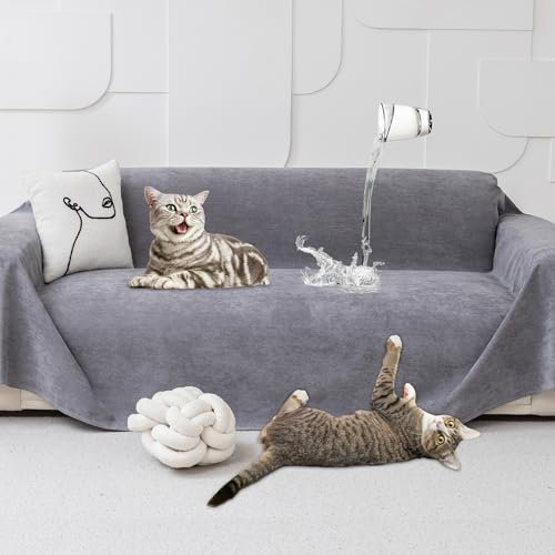Loiion Sofaschutz Katze, Sofabezug 2 Sitzer Couch Schutz Katze, rutschfeste Couch Überwurf, Sofabezug Wasserdicht, Schonbezug Sofa für Haustier Kinder Katzen Hunde, Grau, 300x180cm