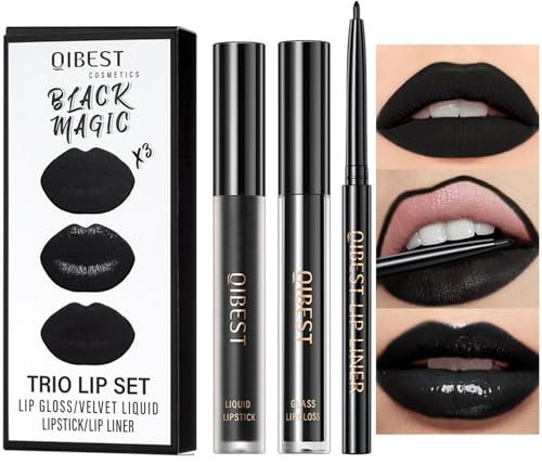 3Pcs Black Matte Liquid Lipstick,Lip Liner,Lip Gloss Trio Lip Set Waterproof Long-Lasting Moisturizing Non-Fading Velvety Lip Stain One Step Lips Makeup Kits Gift For Women