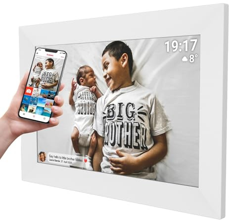 Denver PFF-1026W Digitaler Wi-Fi Bilderrahmen – 10,1 Zoll IPS HD Touchscreen, Integrierte FRAMEO Software, Drahtloses Teilen, Timer-Funktion, Weiß