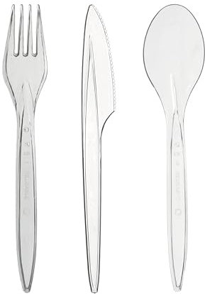 daybays Plastikbesteck Set 100x Plastikgabel 100x Plastikmesser 100x Plastiklöffel Mehrweg Geschirrset Partybesteck Plastikgeschirr Mehrwegbesteck Spülmaschinenbeständig (100, Transparent)