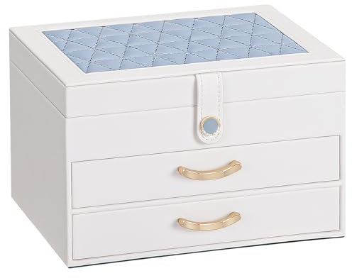 Enthralite Scatola portagioie bianca: decorazione per la casa per le donne - supporto a 2 cassetti per San Valentino Compleanno Natale (Bianco Grigio-Blu, L)