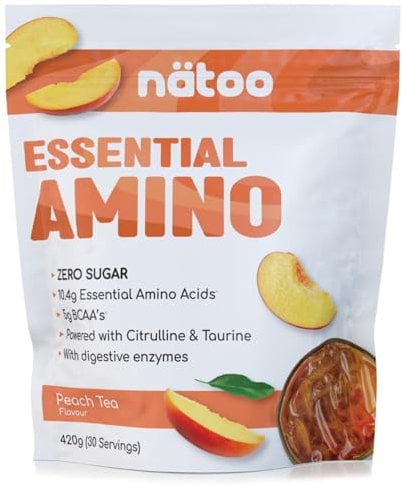 Nätoo Essential Amino Peach Tea - Aminoacidi Essenziali in Polvere con BCAA, Vitamina C, B6, B12, Glutammina, Bromelina, Taurina, Citrullina - Prestazioni, Recupero al Top - Eaa Senza Zucchero