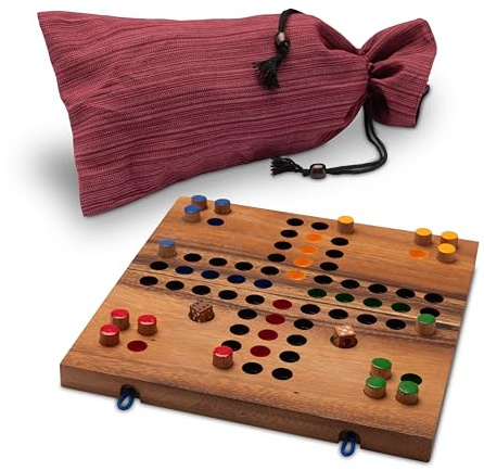 LOGOPLAY Ludo Gr. L für 2 bis 4 Spieler mit Stoffbeutel - Spielfeld 26 x 25 cm - Würfelspiel aus Holz