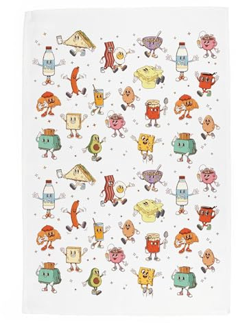 Purely Home Retro Breakfast Tea Towel - Funny Cartoon Food Themed Gift - Panama Cotton Kitchen Dish Towel/Drying Cloth - 67cm x 45cm