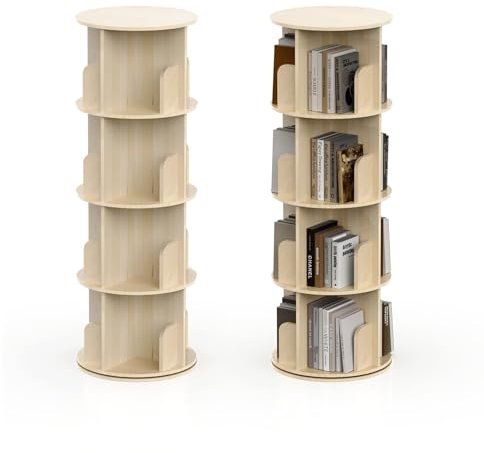 Fabulcozy Bibliothèque rotative à 360 degrés 4 Niveaux étagère de Rangement Étagères Tournante en Bois Massif 45Lx45Ix129H cm