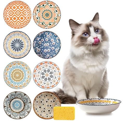 8 PCS Ceramic Cat Food Bowl Set, 5.5 Inches Ceramic Cat Dish with Sponge Brush, Wide Shallow Cat Food Bowls Boho Style Kitten Feeding Dishes, Microwave and Dishwasher Safe Cat Bowls,Cat Gift