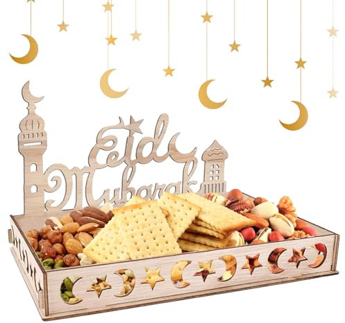 Ramadan Teller Eid Mubarak Deko Tablett mit Mond Stern Schloss Muster Ramadan Geschirrset Tischdeko Holztablett für Kareem Party (Brief)