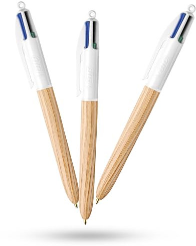 BIC Lot de 3 stylos à effet bois 4 couleurs rétractables avec quatre encres vives assorties pour l'école, le bureau et le codage couleur