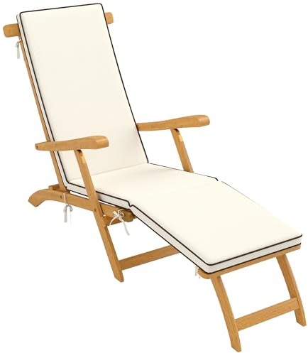 Outsunny Klappliege, Sonnenliege mit Akazienholzkissen, Fußstütze, Liegestuhl Garten Outdoor 160 kg Belastung Strand Relax Camping Pool Terrasse, 155 x 54 x 86 cm, weiß