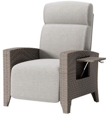 Ergonomische Relaxliege Rattansessel mit Verstellbarer Rückenlehne und dickem Kissen. Geeignet für Innenbereich, Balkon, Garten und Innenhof (Braun + Beige, 1 Pack)