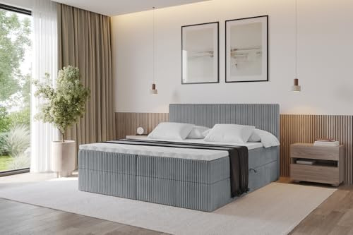 ALTDECOR Boxspringbett mit Matratze und Lattenrost, Topper, Polsterbett mit Bettkasten, Bett mit Stauraum H3-Matratze, Doppelbett, Boxbett -TOLO 180x200 Cord - Dunkelgrau