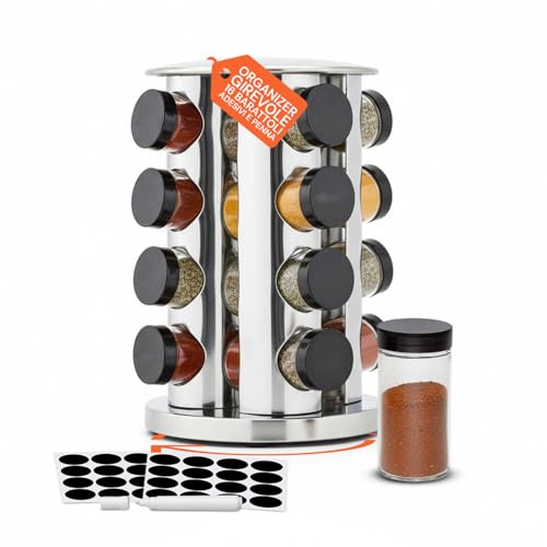 Avilia Portaspezie Girevole 360° con 16 Barattoli in Alluminio, Porta Spezie per Cucina Salvaspazio, Alzatina Cucina Alluminio Rotante a 2 Livelli con 32 Etichette e Penna, Organizer Cucina Dispensa