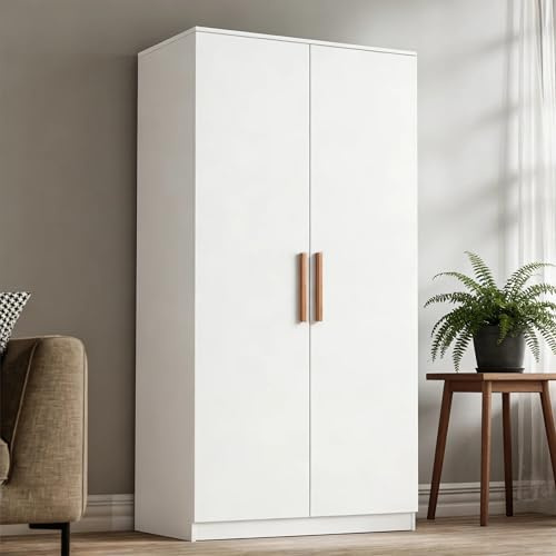 Blisswood 2 Door Wardrobe, Wardrobes for Bedroom with Shelves & Hanging Rail, Large Wardrobe Storage Cupboard, Modern Wooden Bedroom Wardrobes Furniture, 176H x 76W x 51D cm (White)