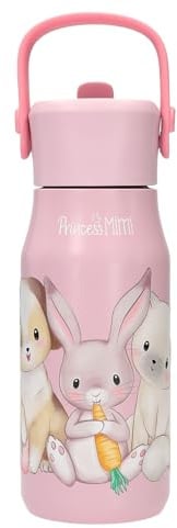 Depesche 14208 Princess Mimi - Edelstahl Trinkflasche in Rosa, mit Hund, Katze, Hase und Früchten, isolierte Flasche mit Trinkverschluss und Griff, Fassungsvermögen ca. 400 ml