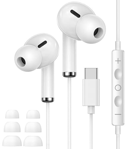 USB-C-Kopfhörer für iPhone 17/16/15, Typ-C-Ohrhörer, kabelgebunden, mit Mikrofon und Fernbedienung, Geräuschunterdrückung, für iPhone 17/16/15/Pro/Pro Max, Galaxy S23/22/21/20/Ultra Note/Pixel, Weiß