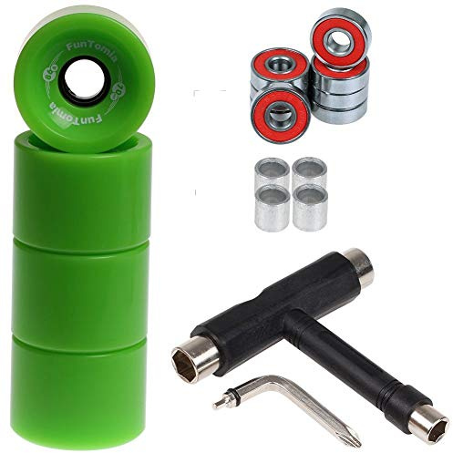 FunTomia 4 Stück Longboard/Skateboard Rollen (Big Wheels) in 70x51mm 80A oder 86A inkl. ABEC-9 Kugellager, Metall Spacer und T-Tool