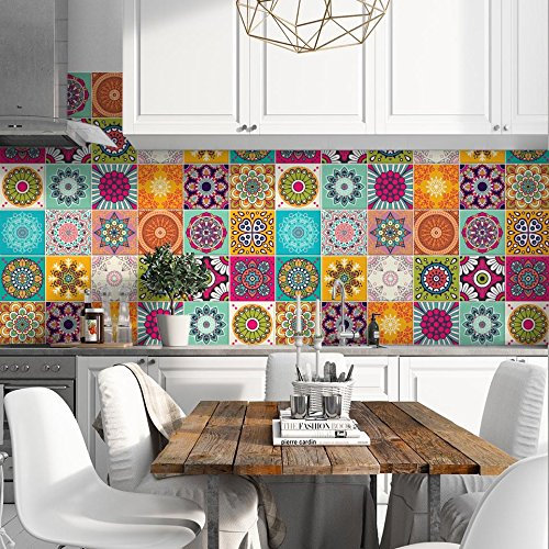 RE-COVERTILES - Fliesenaufkleber Badezimmer und Küche 24 Stck 10x10 cm - PS00179 PVC-Wanddekoration Wasserdicht Fliesen Mosaik Stil Azulejos-Zementfliesen