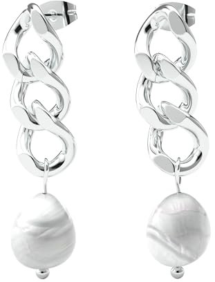 THIORA Perlen Ohrringe Damen Silber | Edelstahl Ohrhänger | Kettenglieder Gliederkette & Süßwasserperle | Modernes Statement Design, 37mm (Silber-Perle)