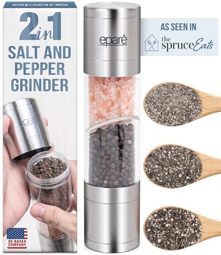 Eparé Salt and Pepper Grinder in One – 2 in 1 Salt and Pepper Grinder Combo for Kitchen Use – Manual Stainless Steel Himalayan Salt Grinder Refillable All-in-One