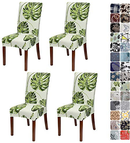 JOTOM Stuhlhussen Universal Stretch Stuhlbezug Elastische Moderne Stuhl Hussen Set Abnehmbare Dekoration Stuhlabdeckung für Esszimmer Party Hotel Restaurant Deko (Grün Blätter, 4er Set)