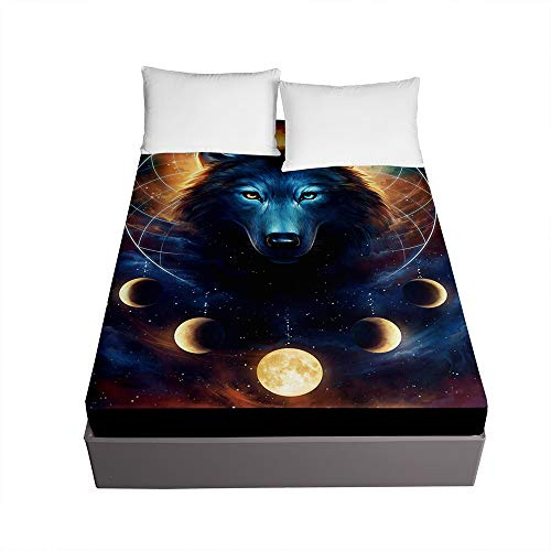 Chickw1 Wolf Druck Spannbetttuch für Boxspringbett, Weiche Spannbettlaken Rutschfestem Mikrofaser Matratzenschoner bis 30cm Hohe für Matratzen in Vielen Größen (Galaxy Wolf,180x200x30cm)