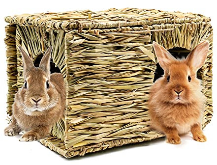 HYLYUN Extra großes Grashaus für Kaninchen – handgefertigtes Naturgras, faltbar, mit Öffnungen, Spielhaus für Kaninchen, Meerschweinchen, Chinchilla, Frettchen zum Spielen und Schlafen